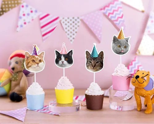 Vista 3 de TSJ 16 adornos para cupcakes de gato, decoración de pastel de cumpleaños para gatos, decoración de fiesta temática de gatitos, palitos para pastel