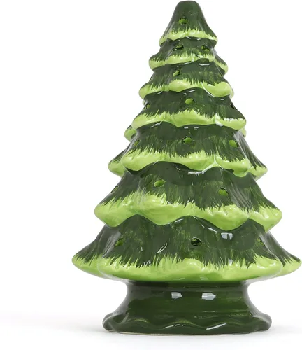 Vista 3 de Árbol de Navidad de cerámica vintage en blanco, árbol en miniatura iluminado (grande, blanco perla)