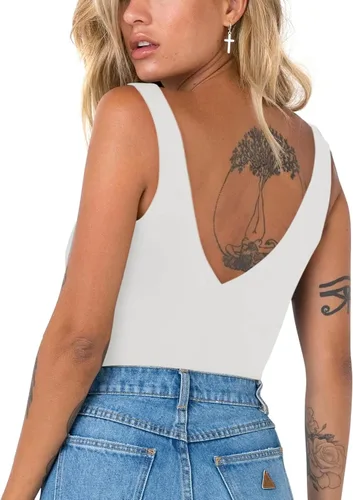 Vista 2 de REORIA Sexy escote en V profundo, sin mangas, cuello en V, espalda descubierta, para mujer