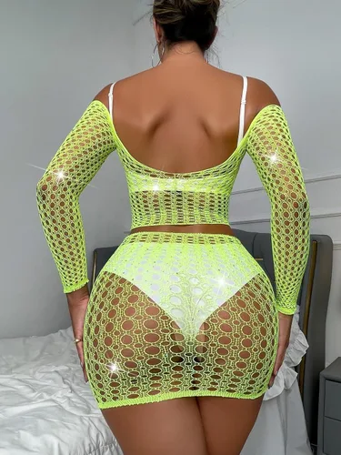 Vista 2 de Kimfeng Conjunto de lencería sexy con diamantes de imitación brillantes para mujer, conjunto de mini brasier con micro brasier transparente y parte