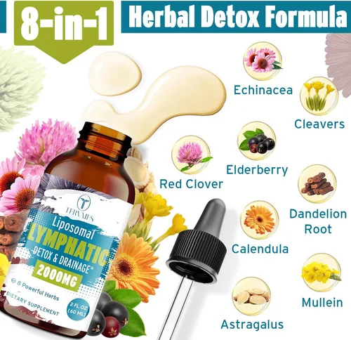 Vista 5 de Gotas de desintoxicación linfática liposomal y drenaje - Mezcla de hierbas de 2000 mg con saúco y equinácea - Apoya el drenaje linfático, el sistema