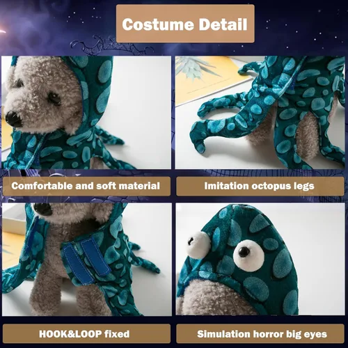 Vista 3 de SEIS Disfraz de pulpo para perro, ropa divertida de Halloween para mascotas Gorra con capucha para perros cosplay, gorro ajustable con gancho y lazo