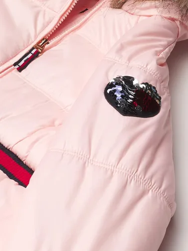 Vista 5 de Tommy Hilfiger Chaqueta acolchada larga para niñas impermeable con forro polar y capucha de piel sintética