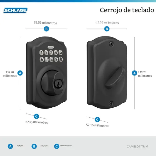 Vista 3 de SCHLAGE - Cerrojo de seguridad electrónico BE365 CAM 622 con teclado, negro mate Keyless entry door lock, Push button keypad deadbolt, Key backup