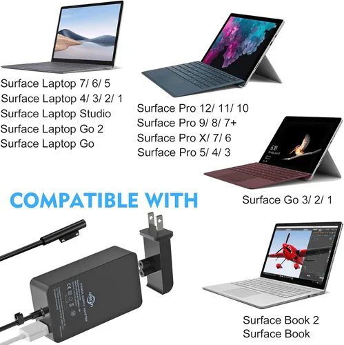 Vista 2 de Cargador de portátil Surface Pro de 65 W para Microsoft Surface Pro 12 11 10 9 8 7+ X 7 6 5 4 3, Windows Surface Laptop 7 6 5 Studio 4 Go 3 2