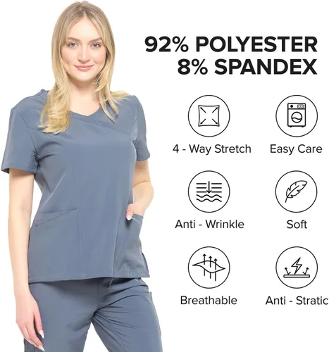 Vista 5 de Dagacci Medical Uniform Conjunto de uniforme médico elástico en 4 direcciones con cuello en Y para mujer