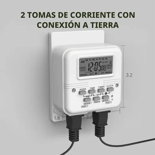 Vista 5 de BN-LINK Temporizador de luz digital para interiores, enchufe programable de 7 días con 2 salidas independientes de 3 clavijas, para lámparas