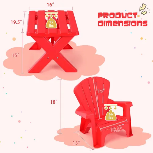 Vista 6 de COSTWAY Juego de mesa y silla para exteriores para niños, mesa de juego para niños con 2 sillas Adirondack, 3 muebles de patio trasero para niños