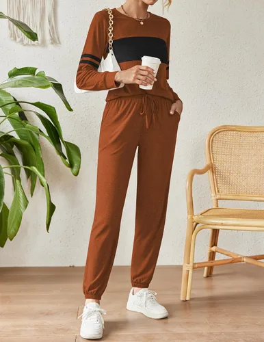 Vista 4 de Ekouaer Conjunto de pijama de manga larga con cuello redondo para mujer, conjunto de dos piezas con bolsillo