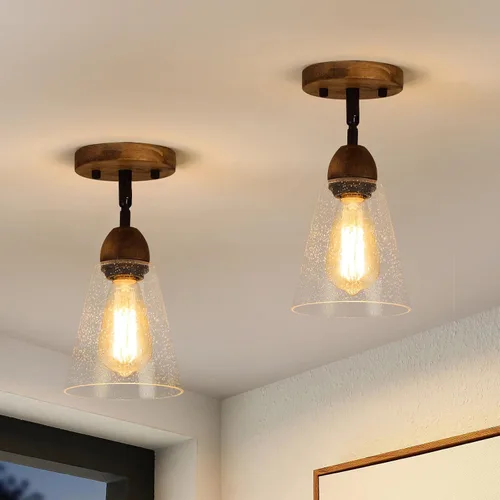 Vista 13 de Lámpara de techo rústica de cristal empotrado, mini pantalla de vidrio transparente y madera de roble, lámpara de techo semiempotrada para cocina