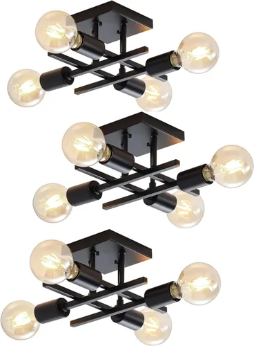Vista 8 de Lámpara industrial de techo semiempotrada de 4 luces, lámpara de araña negra de granja, moderna lámpara de techo Sputnik con base E26 para cocina