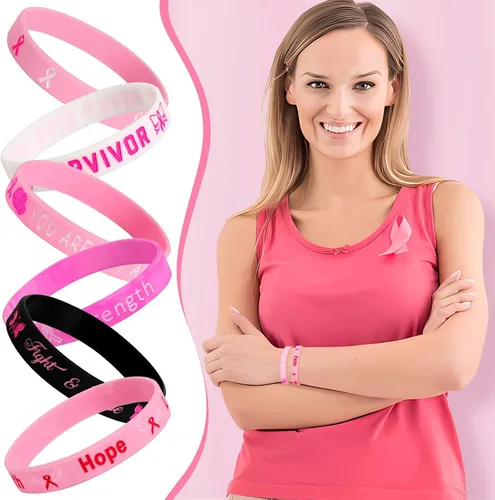 Vista 6 de JUNEBRUSHS 42 piezas de accesorios de concientización sobre el cáncer de mama, pulseras de silicona Esperanza Fe Fuerza Coraje, pulseras accesorios