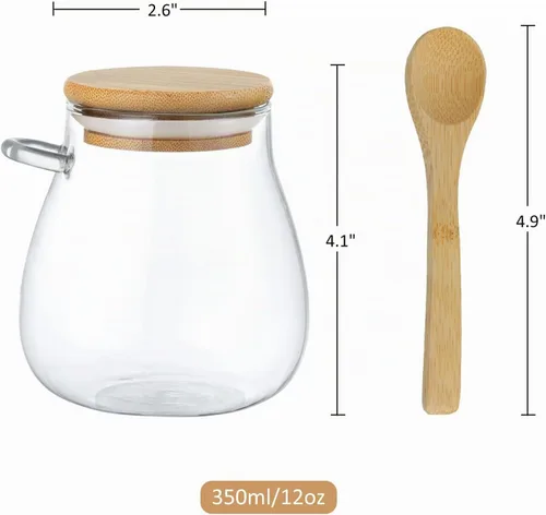 Vista 6 de Joeyan Tarro de vidrio con tapa hermética de bambú y cuchara adjunta, recipiente para condimentos de especias de azúcar y sal de 12 onzas, olla 2