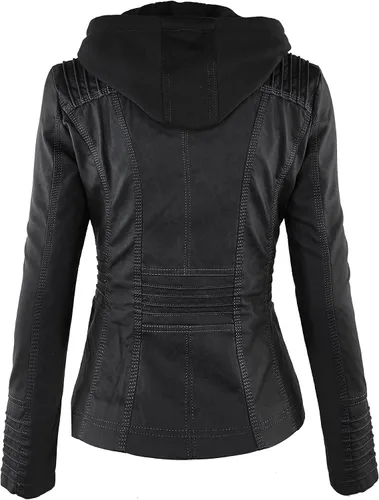 Vista 2 de Lock and Love - Chaqueta de motociclista de cuero sintético con capucha extraíble para mujer