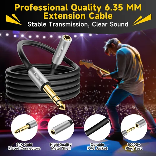 Vista 2 de Cable de extensión de 1/4 de pulgada de 1 pie, conector adaptador estéreo TRS macho a hembra de 0.250 in, cable de extensión de guitarra