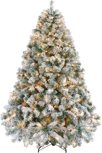 Vista 11 de Yaheetech - Árbol artificial de Navidad preiluminado de 9 pies con luces incandescentes de color blanco cálido, árbol de Navidad con flecos de Verde