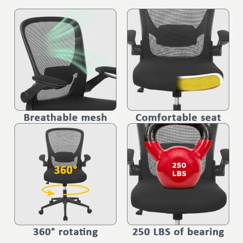 Vista 6 de BestOffice - Silla de oficina ergonómica de malla, silla de computadora giratoria con respaldo medio, con soporte lumbar, brazos abatibles, silla