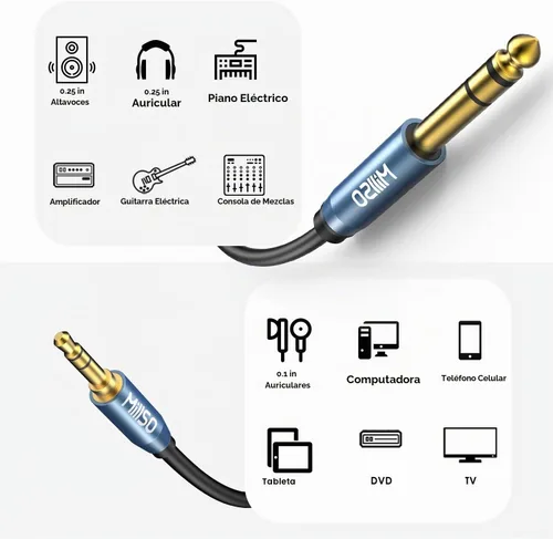 Vista 5 de MillSO Cable macho de 0.25 in de 1/4 a 0.1 in, cable de audio TRS de 1/8 a Sapphire Blue