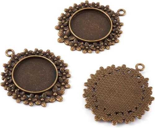 Vista 8 de KISSITTY 10 piezas de bronce antiguo colgante de flor cabujón tibetano plano redondo blanco camafeo bisel bandeja encantos, Bronce