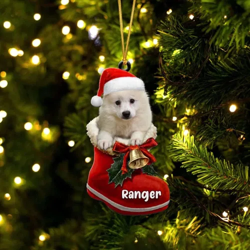 Vista 18 de Amantes de los perros de Navidad – Akita Inu Dog in Santa Boot Adorno de Navidad, adorno personalizado en forma 2D, adorno de Navidad, personaliza