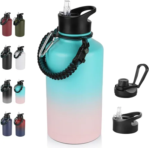 Vista 92 de Botella de agua aislada de 64 onzas con tapas de pajita y boquilla, jarra de agua de acero inoxidable de medio galón con mango de paracord, vacío