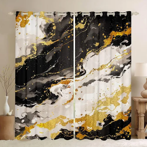 Vista 14 de Feelyou Cortinas abstractas para dormitorio, sala de estar, cortinas opacas de oscurecimiento negro y azul, con estampado de mármol, 2 paneles de 38