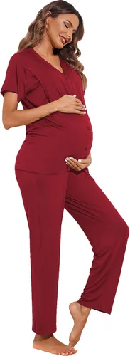 Vista 3 de Ekouaer Conjunto de pijama de maternidad para mujer conjunto de pijama de doble capa con bolsillos