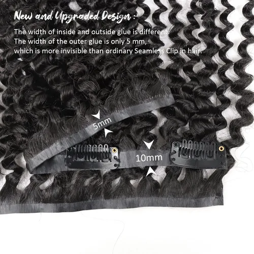 Vista 2 de Extensiones de cabello humano rizado sin costuras 3A 3B, color negro natural, ultra fino, doble trama, PU, invisible, clip, 7 unidades, 14 pulgadas