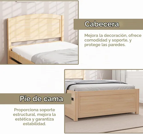 Vista 7 de Cama nido individual, marco de cama extraíble de madera maciza, cama de día extensible con cabecera y soporte de listones de madera sólida Natural