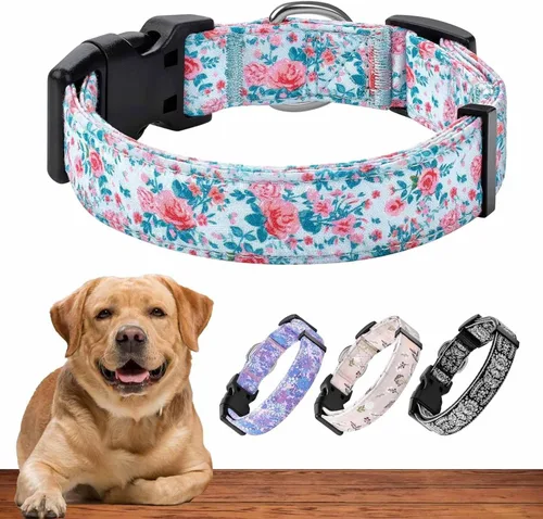 Vista 22 de Collar de perro para perros medianos y grandes, patrón acolchado de algodón con flores en collares de larga duración, ajustables, fuertes