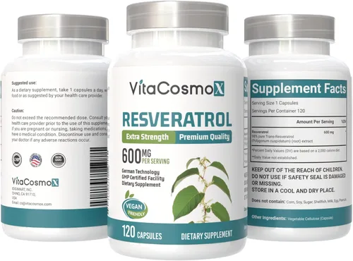 Vista 2 de Suplementos de resveratrol, cápsulas veganas, 120 unidades, trans-resveratrol con extracto de uva roja, sin OMG