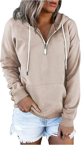 Vista 6 de Sudadera con capucha y media cremallera para mujer, con cordón, atlética, moderna, con bolsillo frontal, manga larga, para otoño