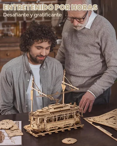 Vista 5 de RoWood Rompecabezas 3D para adultos, kit de modelo de automóvil, rompecabezas de madera 3D, modelo de tranvía mecánico, kit de construcción