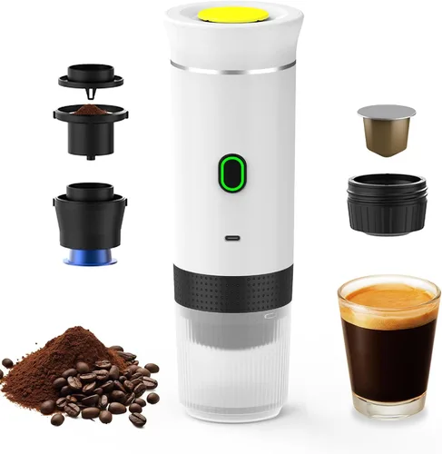 Vista 9 de Decdeal Cafetera inalámbrica para el coche, hogar, viajes, cafetera eléctrica 3 en 1, funciona con cápsulas y café molido de 15 bares, mini cafetera
