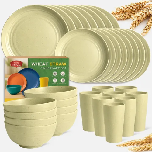 Vista 17 de Teivio Juego de vajilla de plástico de paja de trigo de 32 piezas para cocina, servicio para 8, platos, cuencos y tazas irrompibles, vajilla