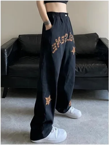 Vista 3 de Harajuku - Jeans de leopardo con estampado de letras, góticos, sueltos, de calle alta, rectos, hip hop