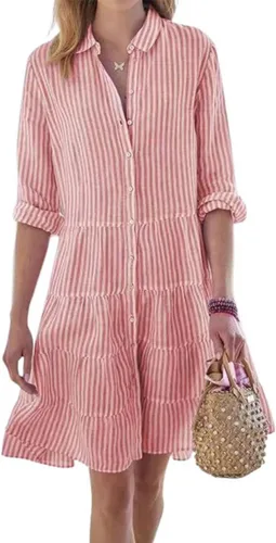 Vista 8 de utcoco Vestido camisero a rayas con botones para mujer, casual, holgado, con puños, manga larga, vestidos largos Azul