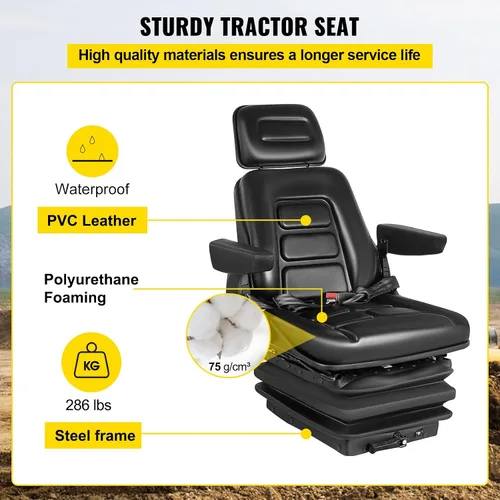 Vista 5 de VEVOR Asiento de suspensión con respaldo ajustable, reposacabezas y reposabrazos, asiento de carretilla elevadora con rieles deslizantes, plegable