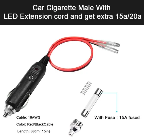 Vista 3 de Enchufe de encendedor de cigarrillos de 12 V con cables, conector macho resistente de 12 voltios, fuente de alimentación de 15 y 20 amperios