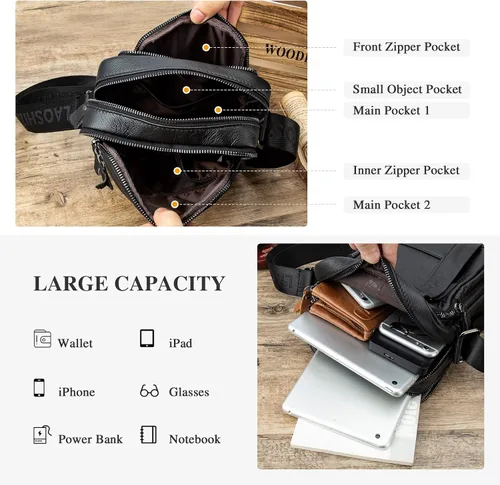Vista 5 de BAIGIO Bolso bandolera de cuero pequeño para hombre bolso bandolera para viajes negocios trabajo