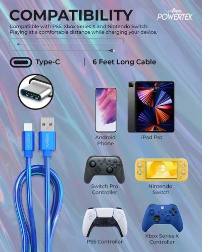 Vista 5 de LIQUIPEL Powertek Metallic Shine - Cable de carga USB tipo C, cable USB C de carga rápida de 6 pies, adaptador para automóvil, Galaxy, Android