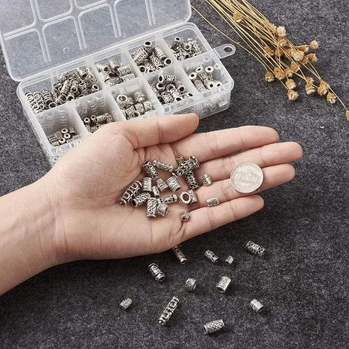 Vista 3 de KISSITTY 300 unidades/caja de cuentas espaciadoras de columna de plata antigua tibetana con dije de tubo para barba para hombres de 0.177 in a 0.709