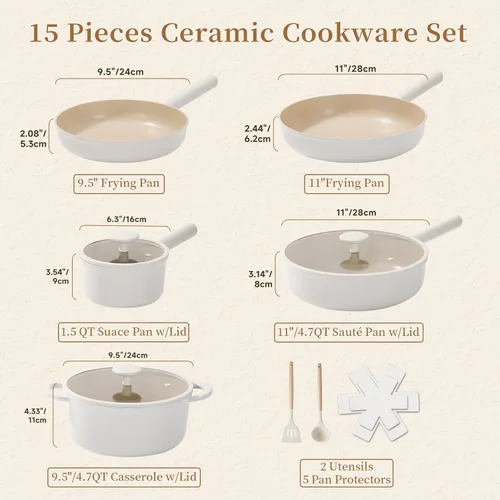 Vista 5 de JEETEE Juego de utensilios de cocina de cerámica, 15 ollas y sartenes antiadherentes con asas extraíbles, juego de utensilios de cocina de inducción