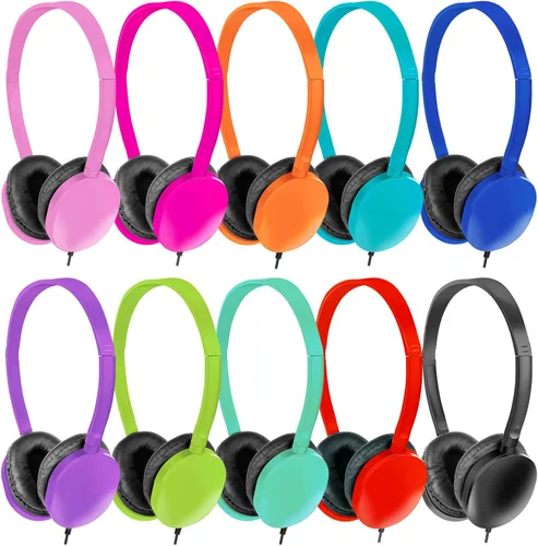 Vista 9 de Paquete de 10 audífonos para niños, para escuela, aula, estudiantes, niños, adolescentes y adultos (colores mixtos) Wholesale Wired On Ear