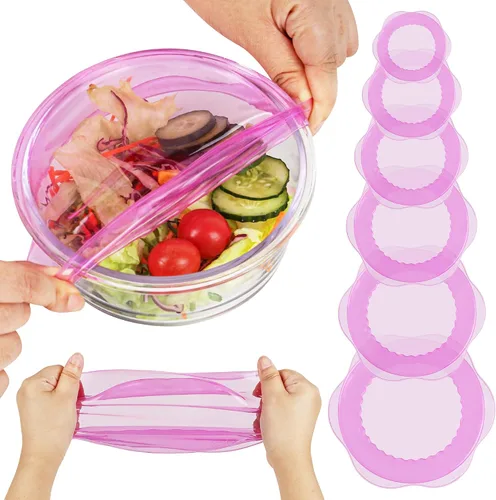 Vista 9 de Tapas elásticas de silicona para almacenamiento de alimentos en el refrigerador, fundas elásticas reutilizables para tazas, latas, tarros