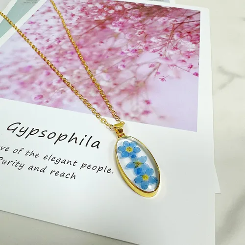 Vista 3 de Collar Forget Me Not – Collares de flores prensadas hechas a mano – Flores Forget-Me-Not que simbolizan el verdadero amor y respeto – Gran regalo
