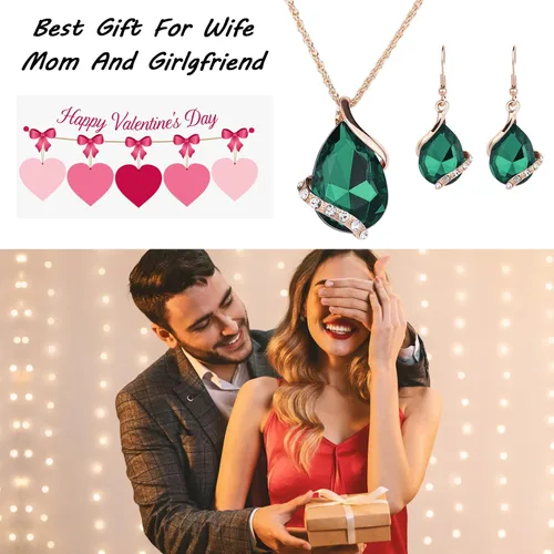 Vista 8 de Juego de joyas para mujer, regalo para el día de San Valentín, collar y aretes de cristal en forma de corazón