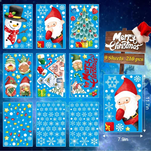 Vista 2 de AOWDIAO Decoraciones de Navidad, 210 unidades de adhesivos de ventana de Navidad para vidrio de doble cara, reutilizables, lindas calcomanías