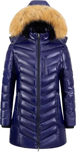 Vista 26 de CREATMO US Abrigo de invierno con capucha para mujer, impermeable, cálido, largo acolchado, parka Azul (Acid Blue)