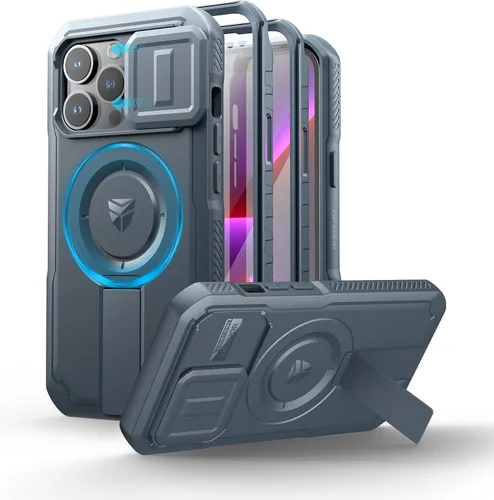 Vista 120 de Dexnor - Funda para iPhone 12 & iPhone 12 Pro con tapa deslizante para cámara, soporte ajustable y protector de pantalla integrado, carcasa